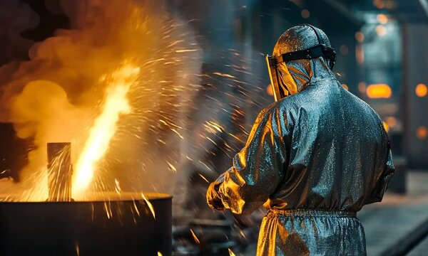 Worker in a steel mill in front of a furnace