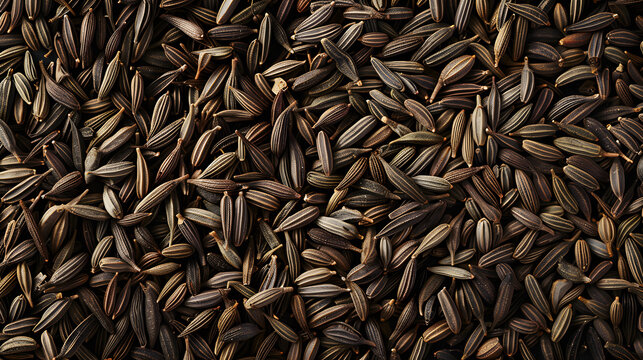 A detailed close-up view of black cumin seeds, showing their dark color and natural texture. Suitable for themes related to spices, cooking, and natural ingredients.