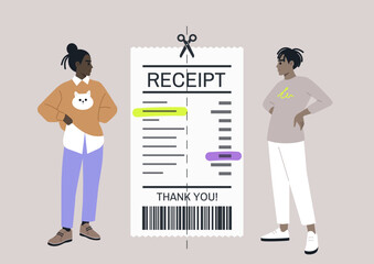 Two partners or friends stand beside a detailed receipt in a light-hearted moment, discussing how to fairly split the bill after enjoying a delightful day at a café