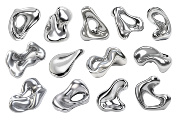 PNG 3D liquid chrome abstract shape element set, transparent background