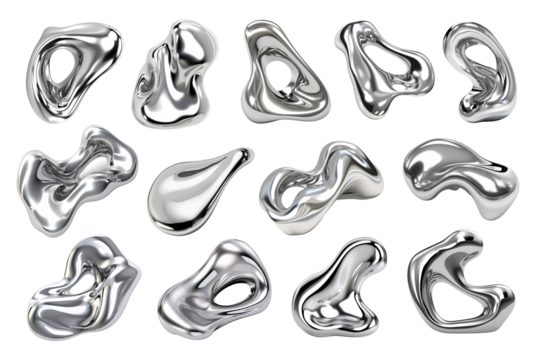 PNG 3D liquid chrome abstract shape element set, transparent background - Powered by Adobe