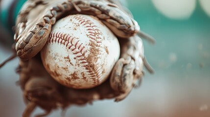 A dynamic close-up of a worn-out baseball being caught by a glove, capturing the exciting and energetic moment of the game, symbolizing precision and passion in sports.