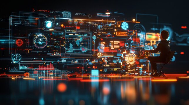 A vibrant 3D cartoon-style digital online classroom set against a black background, featuring a virtual teacher and animated students interacting through colorful, 