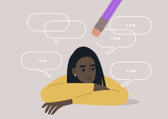 A young character leans on their arms, lost in thought, while an eraser appears to wipe away their swirling ideas, representing the struggle against overthinking in a serene environment