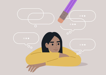 A young character leans on their arms, lost in thought, while an eraser appears to wipe away their swirling ideas, representing the struggle against overthinking in a serene environment