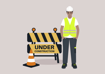 An engineer stands confidently beside construction barricades, ensuring safety protocols are followed while overseeing the ongoing building project under the bright sun of a productive day