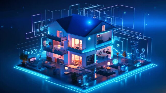 3d illustration of a house in neon light on a dark background, Highlight the concept of the Internet of Things in a smart home environment, featuring various connected devices