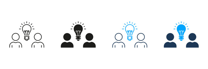 Business Idea Line and Silhouette Icon Set. Team and Light Bulb, Teamwork Icon. Innovation, Solution Sign. Creative Community with Lightbulb Symbol. Editable Stroke. Isolated Vector Illustration