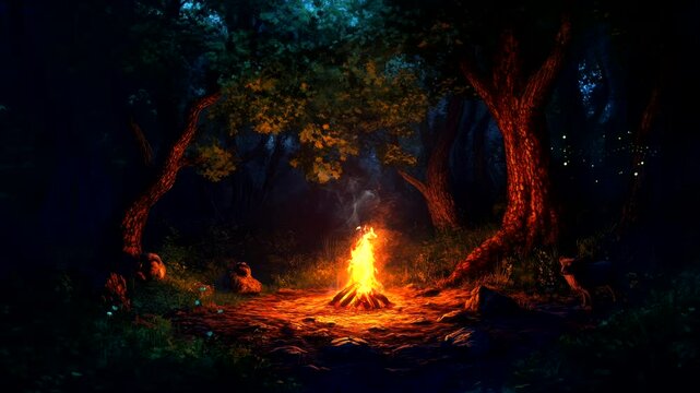 bonfire in the middle of the forest on a beautiful night, providing warmth to the surrounding creatures