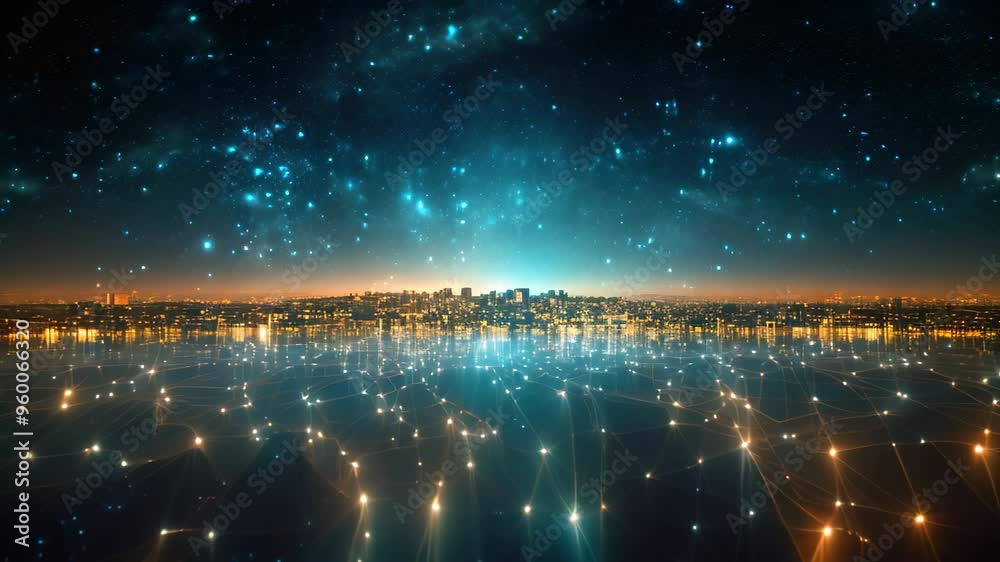 Poster global network connection over the city at night. 3d rendering