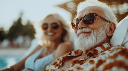 An elderly couple enjoying a sunny day by the pool, both wearing sunglasses, with the man smiling in the foreground and the woman blissfully relaxed in the background.
