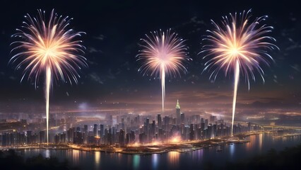 fireworks over the bright city