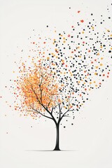 Obraz premium A minimalist dotted pattern of a tree with falling leaves, where the leaves gradually dissolve into smaller dots. 