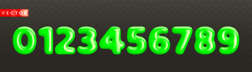 Set of volumetric glossy green 3d numbers from 0 to 9 in realistic style. Decoration elements for eco banner, greeting card, anniversary or birthday party invitation design. Vector illustration