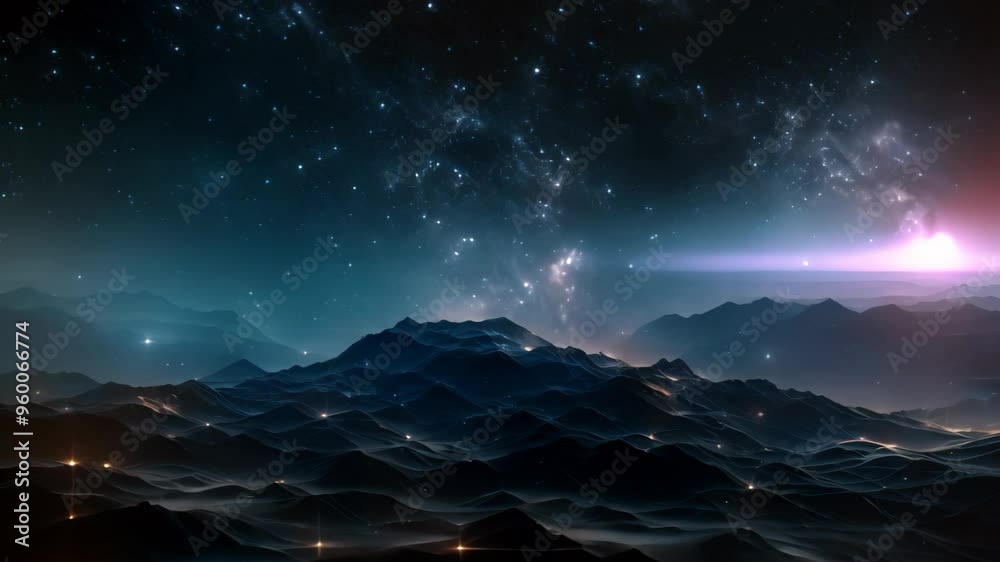 Poster futuristic space landscape with mountains and stars. 3d rendering, illustrate a digital cyberspace w