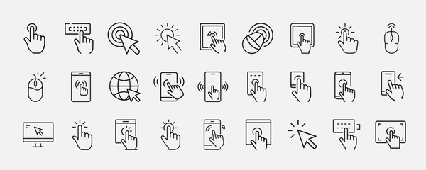 Set line icons gestures interactions computer mice touchscreens clicking scrolling tapping