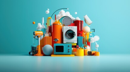 Fototapeta premium A circular logo featuring a collection of whimsical, cartoonish home appliances arranged in a surreal 3D landscape. The scene is filled with vibrant, multi-colored elements creating a playful,
