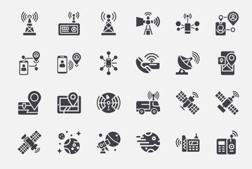 Fototapeta premium Telecommunication icon set antenna cellular network tracking dish gps radar, receive information data transfer