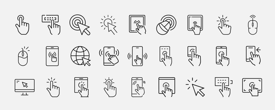 Set line icons gestures interactions computer mice touchscreens clicking scrolling tapping