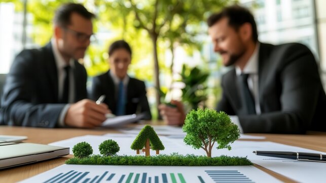 Executives strategizing on maximizing carbon credits, selective focus, carbon management theme, realistic, overlay, eco-conscious office backdrop