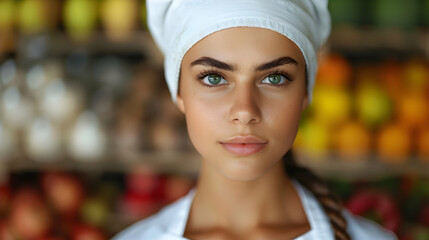 Female Chef Showing Crate Fresh Fruit And Veget