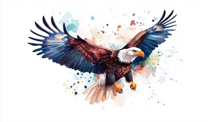 Obraz premium 4 Watercolor bald eagle with American flag background vector illustration on a white background, in a hand-drawn style