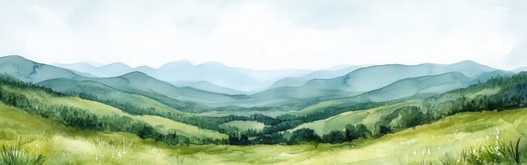 Obraz premium Serene Watercolor Landscape of Green Grasslands and Distant Hills