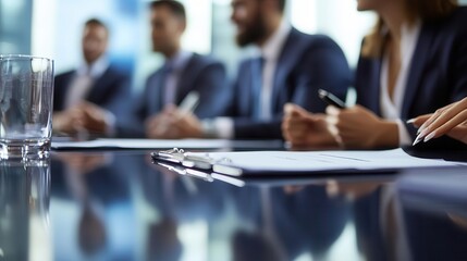 Team discussing carbon credit regulations in a corporate meeting, close up, regulatory compliance theme, dynamic, fusion, sleek boardroom backdrop