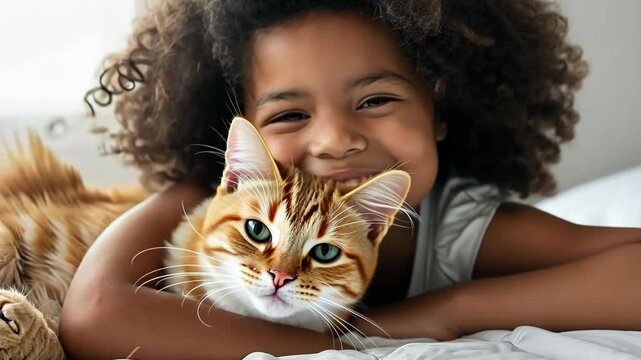 little girl with joyful expression hugging her tabby cat in bright, airy home, tender moment of child ans domestic pets friendship, lovely owner.