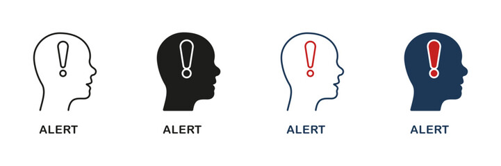 Human Head with Exclamation Mark, Alert Line and Silhouette Icon Set. Warning Sign in Mind Pictogram. Danger Hazard Message, Person Attention Symbol. Editable Stroke. Isolated Vector Illustration