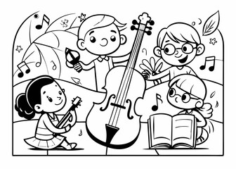 Black and white vector illustration of children's activity coloring book pages with pictures of Instrument cello.

