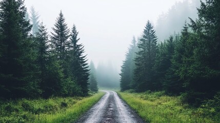 Morning fog on a forest road pine trees barely visible