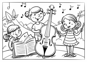 Black and white vector illustration of children's activity coloring book pages with pictures of Instrument cello.
