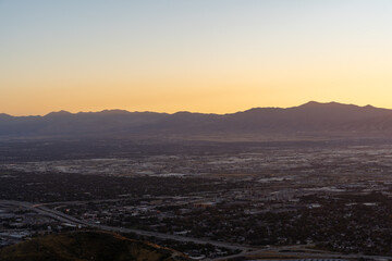 Sunset views of the Salt Lake Valley and Wasatch Range from Ensign Peak, Utah.