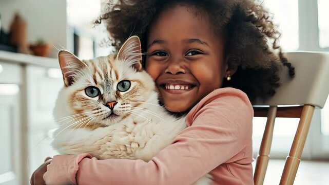little girl with joyful expression hugging her tabby cat in bright, airy home, tender moment of child ans domestic pets friendship, lovely owner.