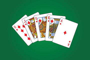 Five cards of Royal flush or Royal straight flush of Diamonds playing card on green or Poker table design and drawing in colorful cartoon vector