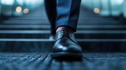 Fototapeta premium A close-up image showcasing a person's polished black dress shoe as they ascend a stylish staircase with a modern design, emphasizing steps in professional attire.