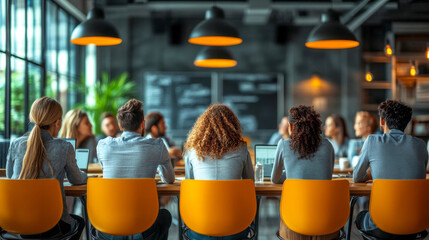 Business professionals seated in a row for a meeting in the office