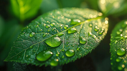 Green leaf glistening in the sunlight holding perfectly formed crystal clear dew drops