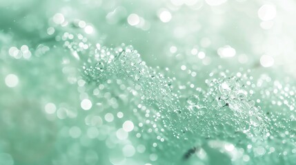 A macro shot of water droplets on a light blue surface with a bokeh background.