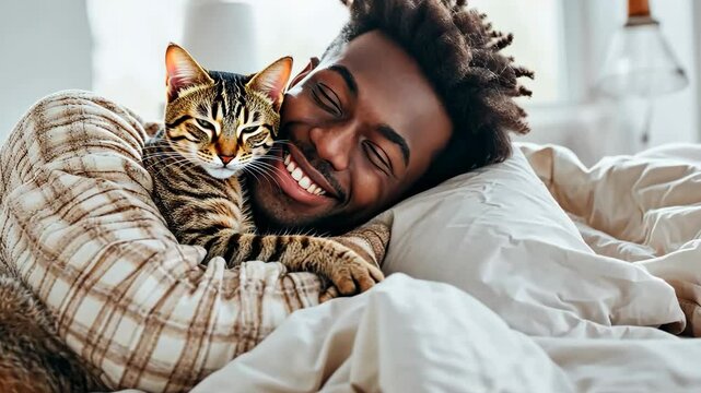 heartwarming embrace, joyful black man snuggling hugging  his cat in cozy, white bed, sharing moment of affection and comfort, pets lover owner.
