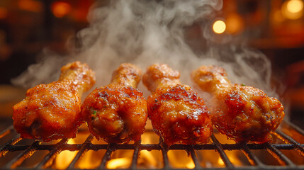 Grilling four chicken drumsticks on a barbecue with smoke rising from the hot grill