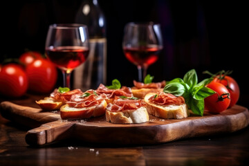 Delicious bruschetta topped with prosciutto sits on a wooden board, surrounded by ripe tomatoes and basil, with red wine in glasses nearby under soft lighting.