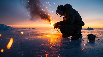 Fototapeta premium A wide-angle view of a welder kneeling on an icy surface, surrounded by a frozen sea, performing welding tasks under extreme Arctic conditions. The welder is silhouette is illuminated by the sparks