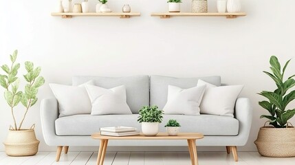 This cozy living room features a grey sofa and a minimalist coffee table, complemented by elegant shelves that display decorative items against a clean white backdrop