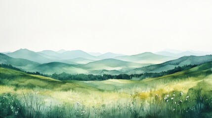 Serene Watercolor Landscape of Green Grasslands and Distant Hills