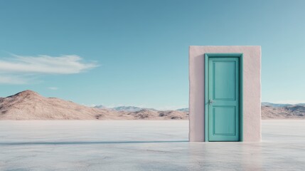 This image captures a lone aqua-colored door embedded in a standalone wall in an open desert, positioned against a calm, azure sky, fostering curiosity and wonderment.