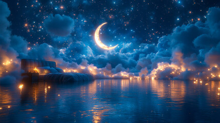 Cozy bed floating on water under crescent moon and starry sky with its reflection surrounded by clouds and lights