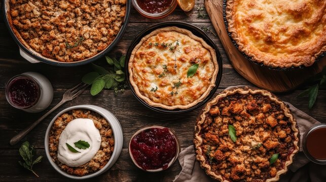 The image illustrates an assortment of savory dishes arranged across a wooden table layout, depicting a perfect setting for family gatherings and festive meals.