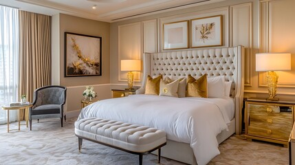 A beautifully designed luxury bedroom featuring a tufted headboard gold accented furniture and plush carpeting creating a sophisticated and cozy ambiance